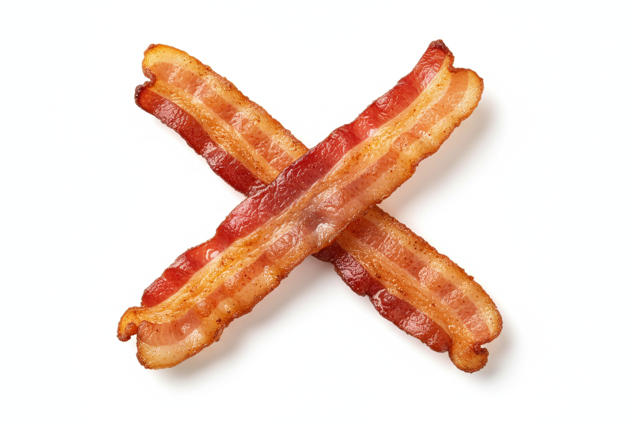 2 slices of bacon crossed white background