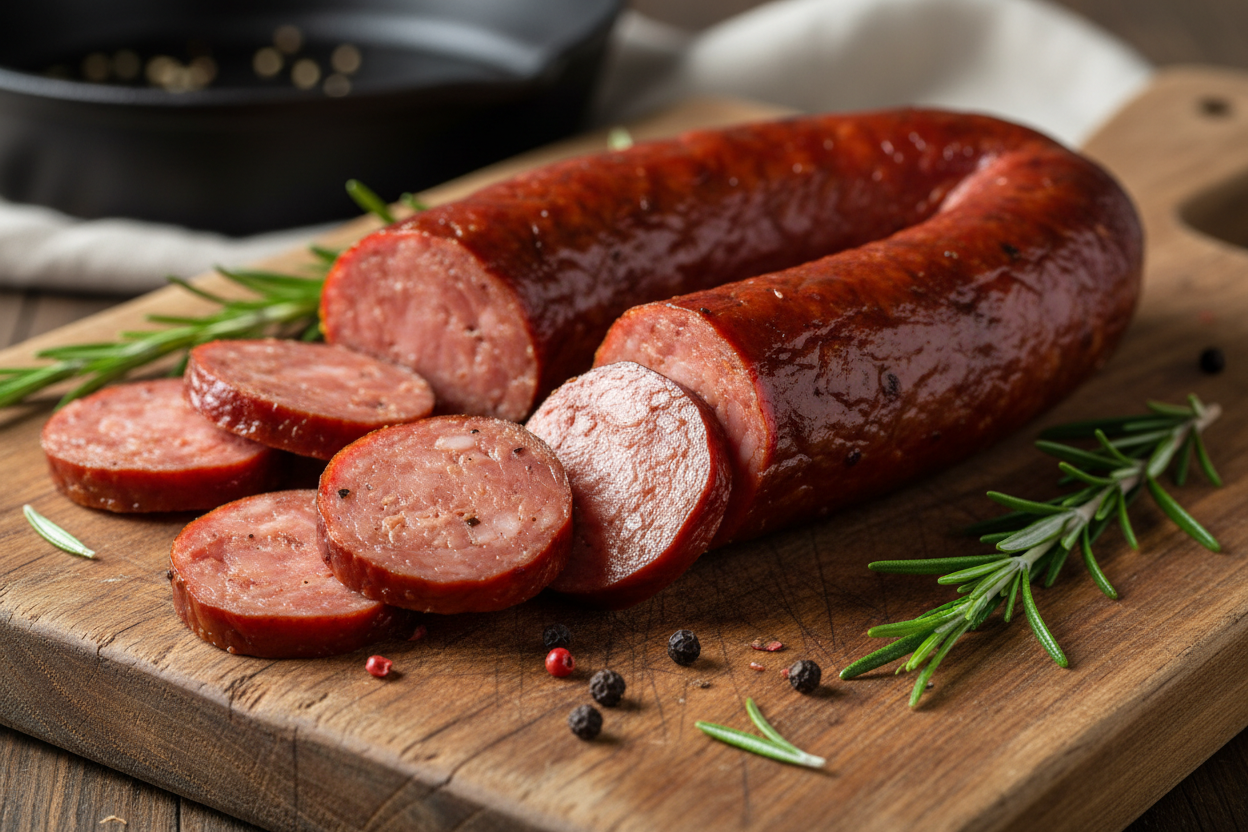 sliced smoked sausage on cutting board