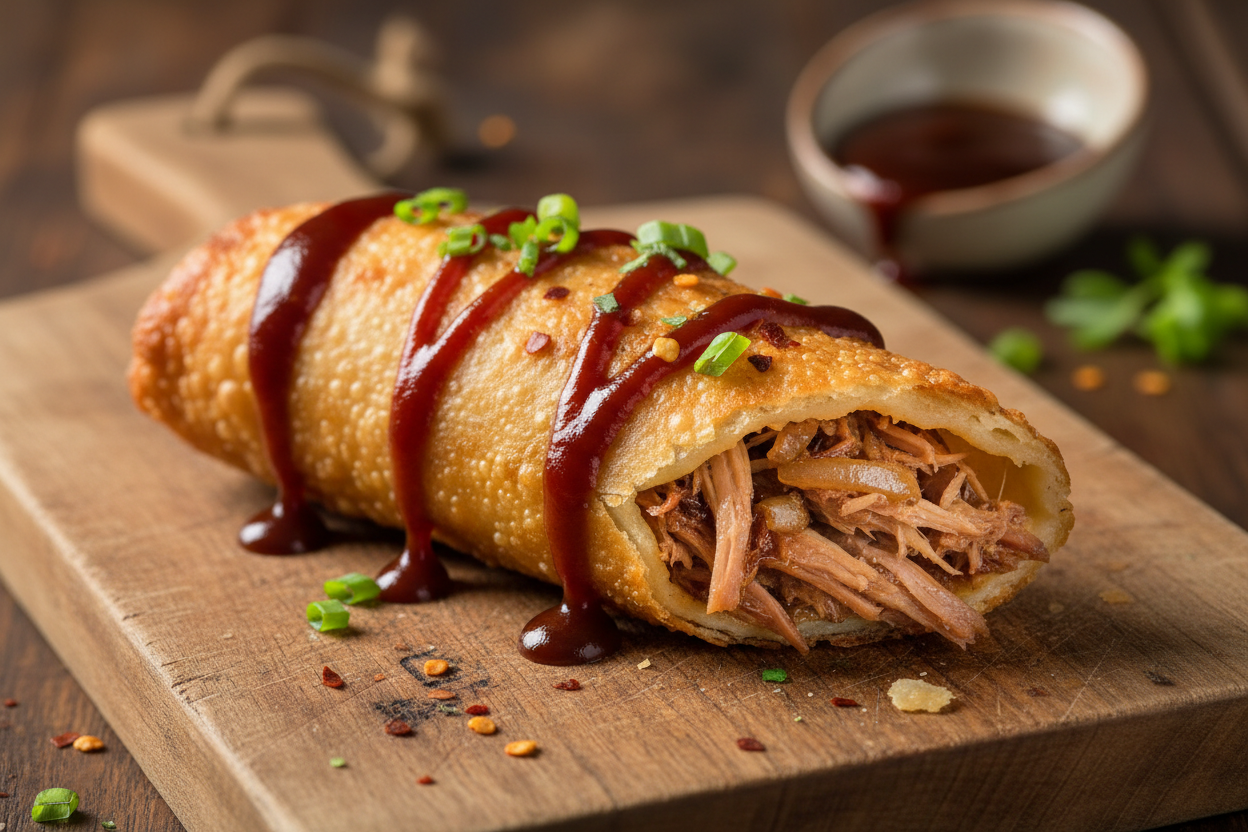 bbq meat egg roll on cutting board