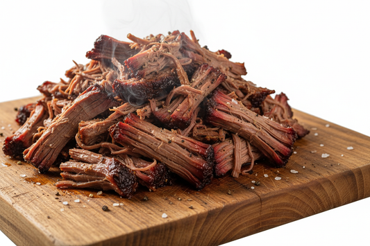 shredded brisket on wood cutting board no background